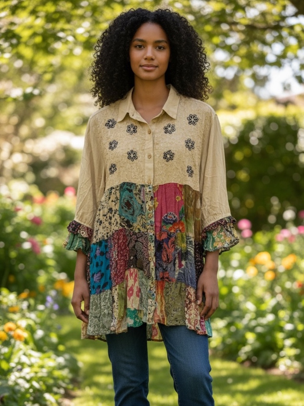 “The Piper” Boho Patchwork Button-Front Tunic Top